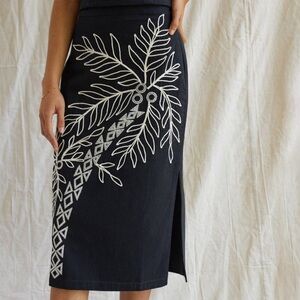 Maeve by Anthropologie Black Embroidered Palm Tree Midi Skirt Women’s 4P Cotton